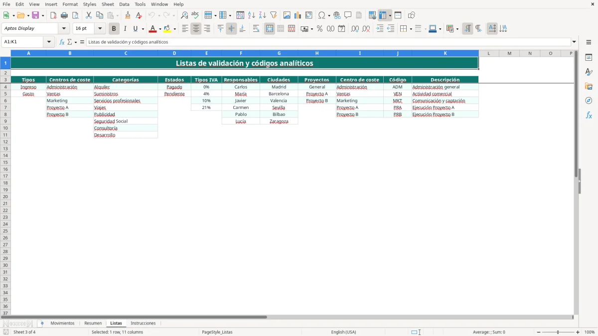 Captura 3: hoja Listas - Plantilla Excel plantilla contabilidad analítica excel gratis