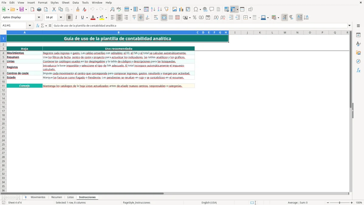 Captura 4: hoja Instrucciones - Plantilla Excel plantilla contabilidad analítica excel gratis