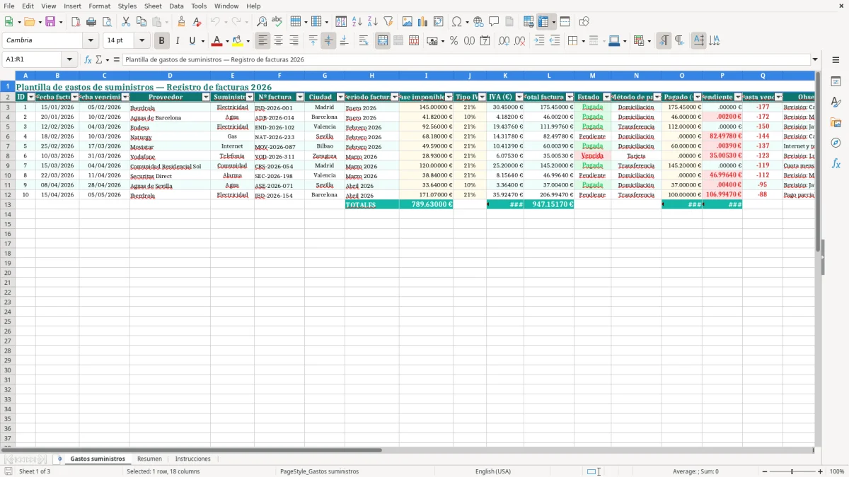 Captura 1: hoja Gastos suministros - Plantilla Excel plantilla gastos suministros excel gratis