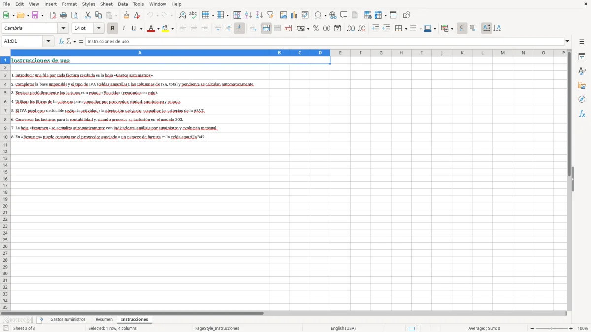 Captura 3: hoja Instrucciones - Plantilla Excel plantilla gastos suministros excel gratis