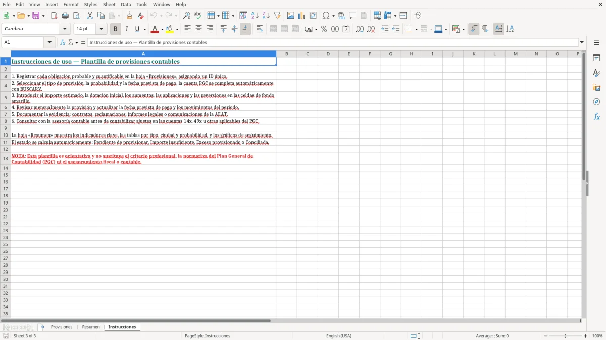 Captura 3: hoja Instrucciones - Plantilla Excel plantilla provisiones contables excel gratis