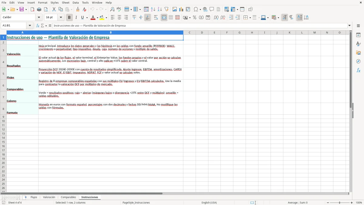 Captura 4: hoja Instrucciones - Plantilla Excel plantilla valoración de empresa excel gratis
