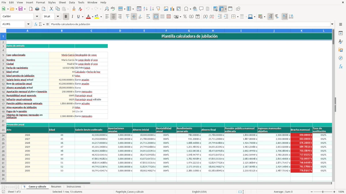 Captura 1: hoja Casos y cálculo - Plantilla Excel plantilla calculadora jubilación excel gratis