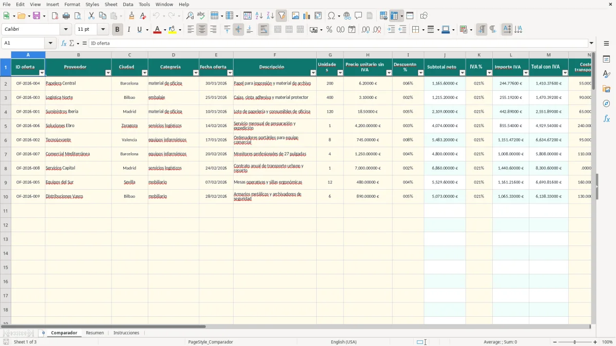 Captura 1: hoja Comparador - Plantilla Excel plantilla comparador proveedores excel gratis