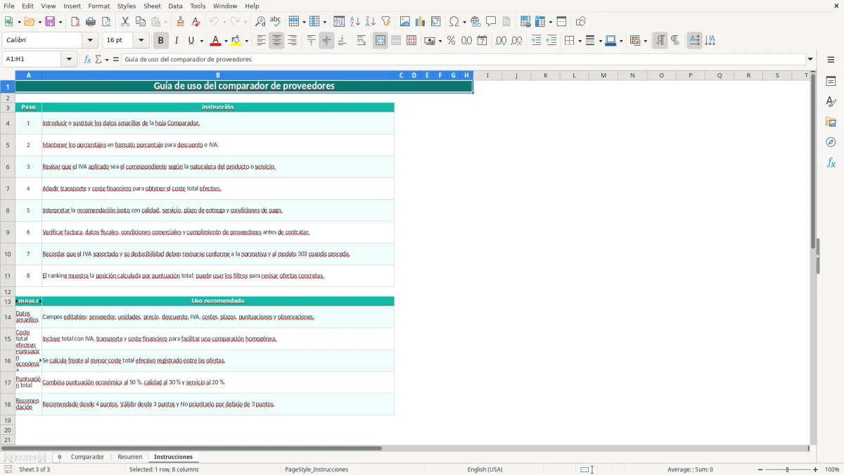 Captura 3: hoja Instrucciones - Plantilla Excel plantilla comparador proveedores excel gratis