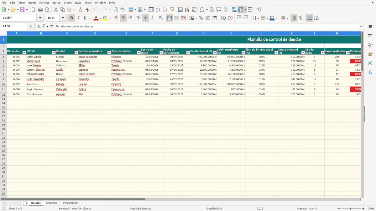 Captura 1: hoja Deudas - Plantilla Excel plantilla control deudas excel gratis