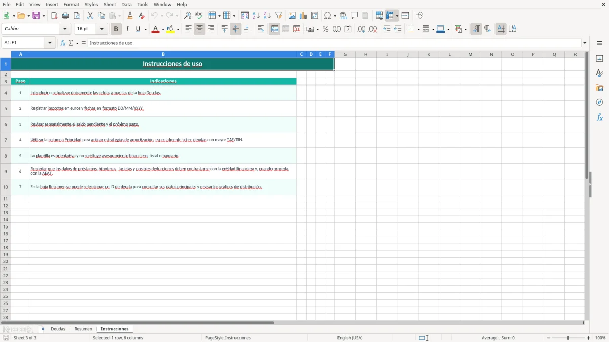 Captura 3: hoja Instrucciones - Plantilla Excel plantilla control deudas excel gratis