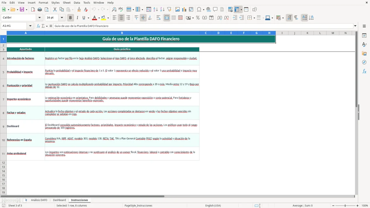 Captura 3: hoja Instrucciones - Plantilla Excel plantilla dafo excel gratis