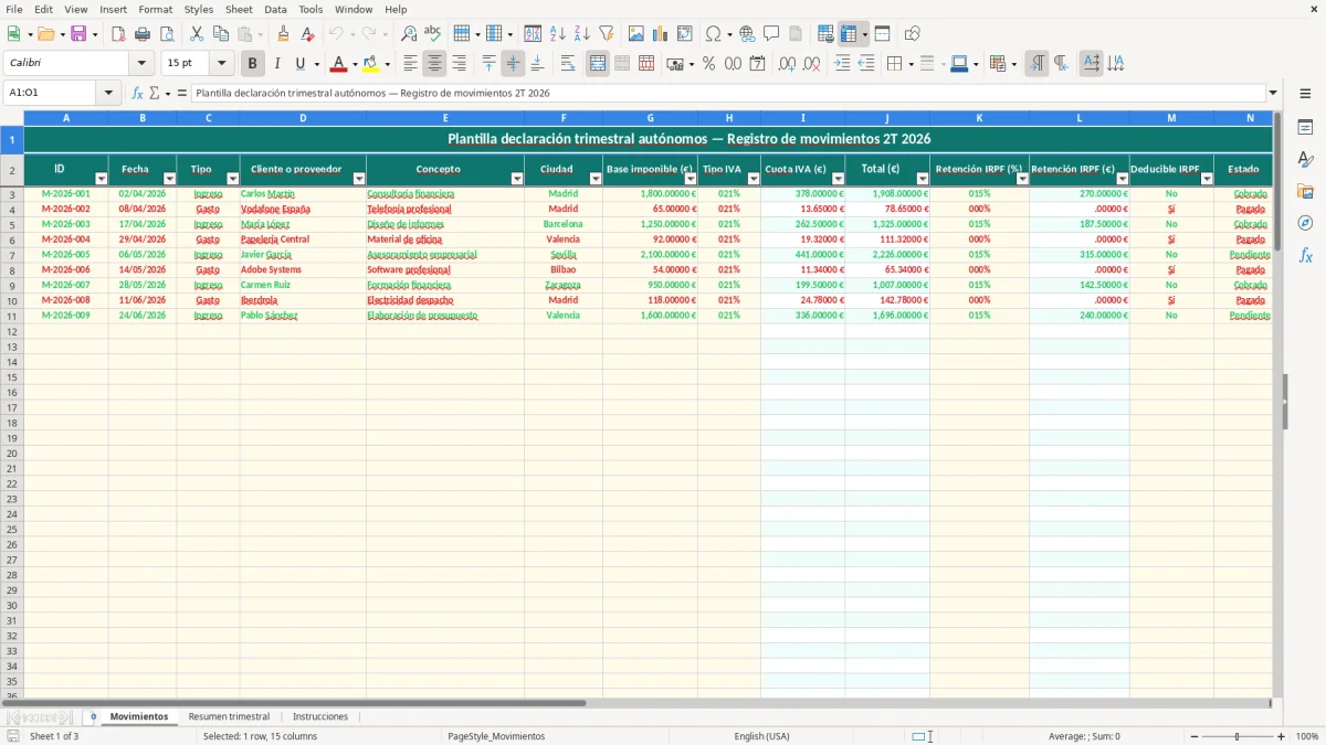 Captura 1: hoja Movimientos - Plantilla Excel plantilla declaración trimestral autónomos excel gratis