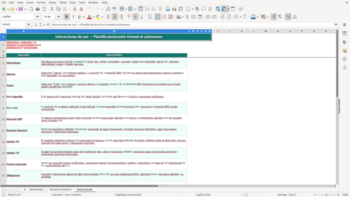 Captura 3: hoja Instrucciones - Plantilla Excel plantilla declaración trimestral autónomos excel gratis
