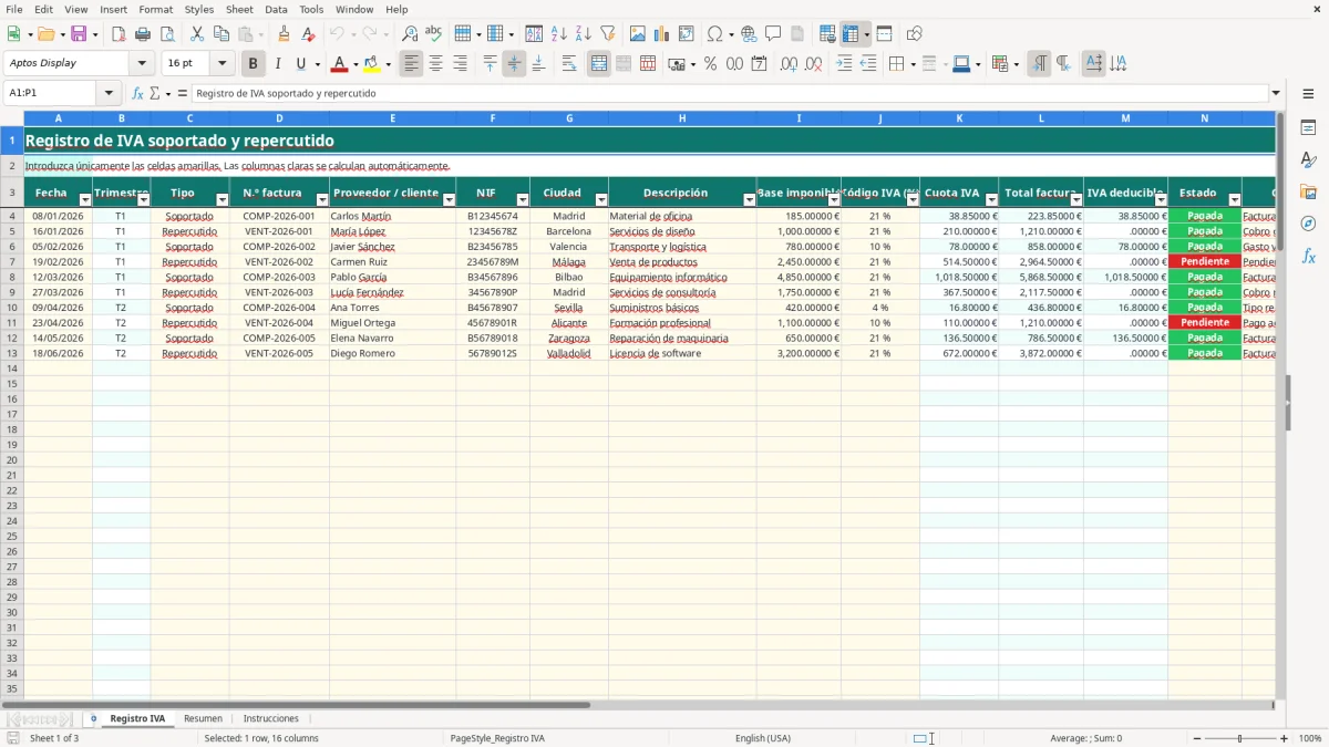 Captura 1: hoja Registro IVA - Plantilla Excel plantilla iva soportado repercutido excel gratis