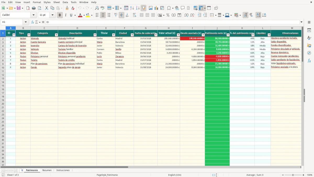 Captura 1: hoja Patrimonio - Plantilla Excel plantilla patrimonio neto excel gratis
