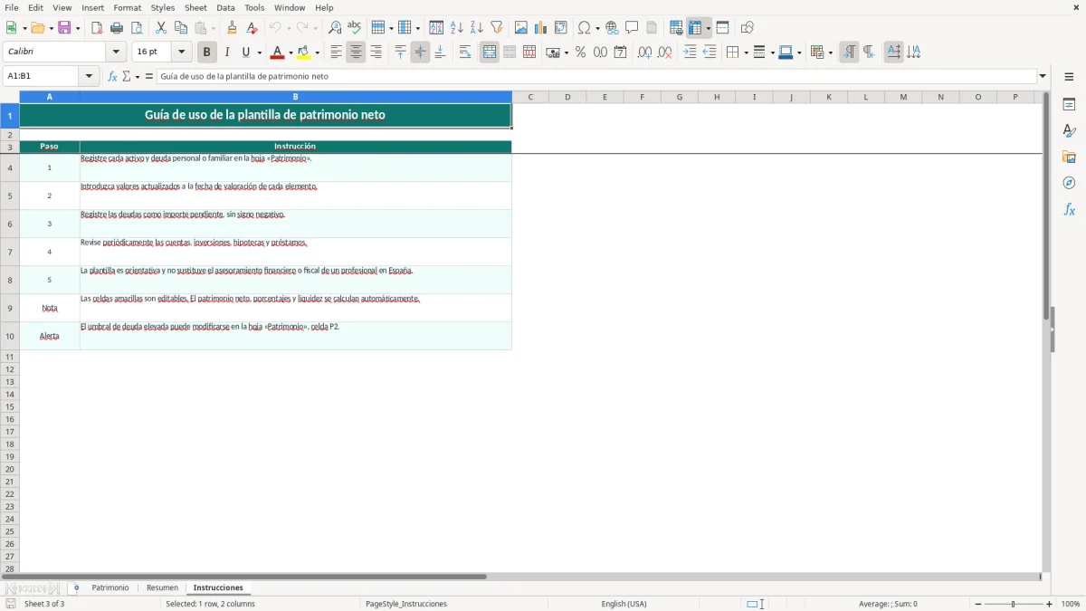 Captura 3: hoja Instrucciones - Plantilla Excel plantilla patrimonio neto excel gratis