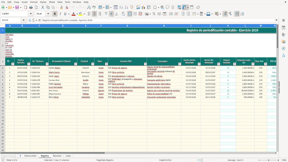 Captura 2: hoja Registro - Plantilla Excel plantilla periodificación contable excel gratis
