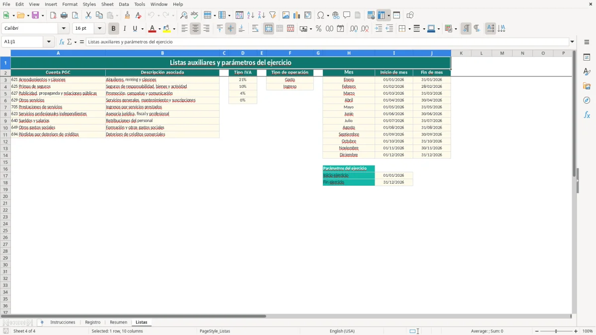 Captura 4: hoja Listas - Plantilla Excel plantilla periodificación contable excel gratis