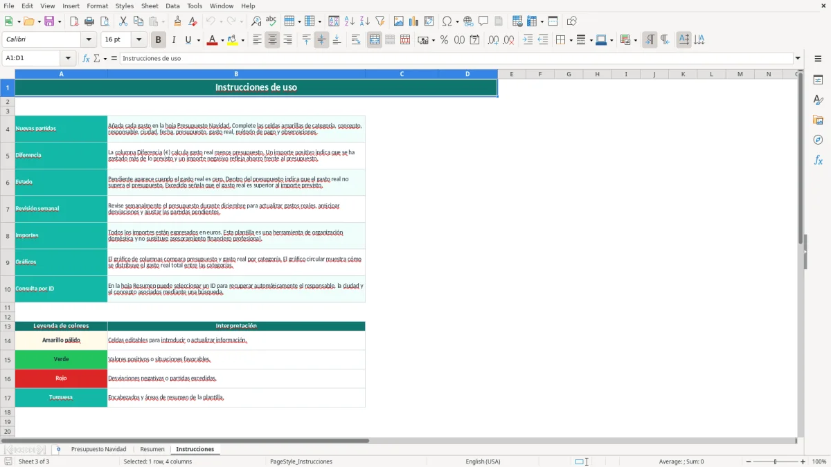 Captura 3: hoja Instrucciones - Plantilla Excel plantilla presupuesto navidad excel gratis