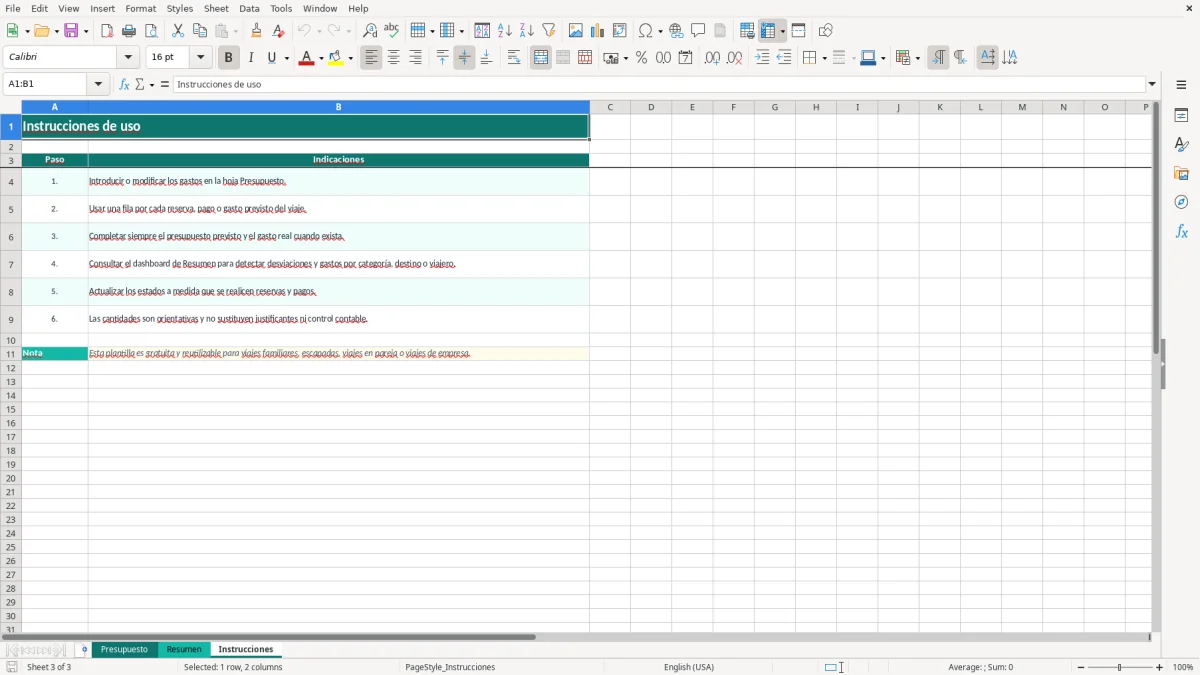 Captura 3: hoja Instrucciones - Plantilla Excel plantilla presupuesto vacaciones excel gratis
