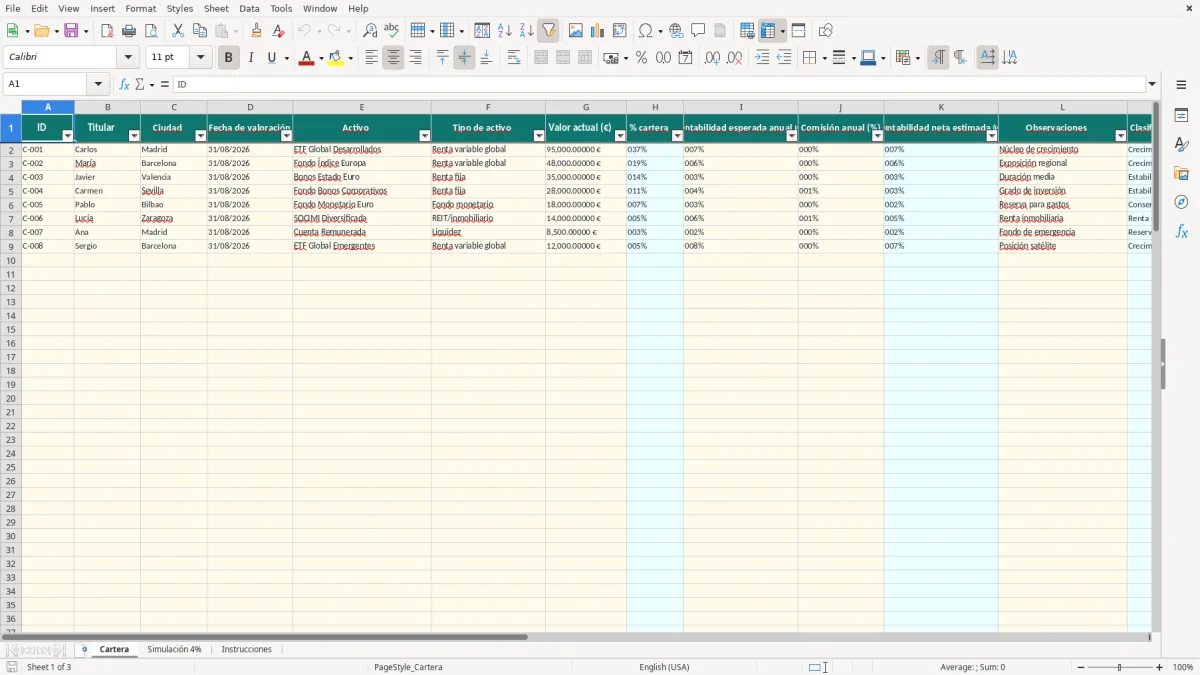 Captura 1: hoja Cartera - Plantilla Excel plantilla regla del 4 por ciento excel gratis