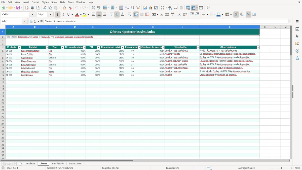 Captura 2: hoja Ofertas - Plantilla Excel plantilla simulador hipoteca excel gratis
