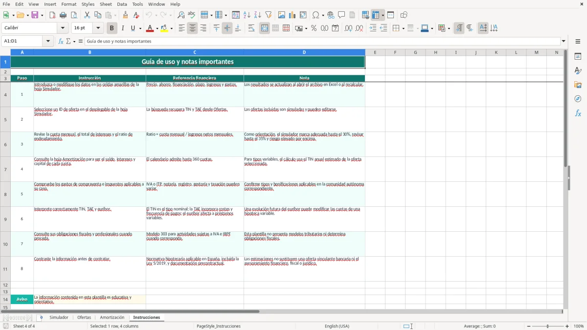 Captura 4: hoja Instrucciones - Plantilla Excel plantilla simulador hipoteca excel gratis